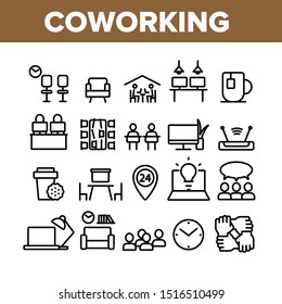 Coworking Collection Elements Icons Set Vector Thin Line. Working Table Place With Computer, Laptop And Lamp, Tea Cup And Clock Coworking Concept Linear Pictograms. Monochrome Contour Illustrations