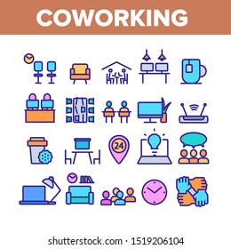 Coworking Collection Elements Icons Set Vector Thin Line. Working Table Place With Computer, Laptop And Lamp, Tea Cup And Clock Coworking Concept Linear Pictograms. Color Contour Illustrations