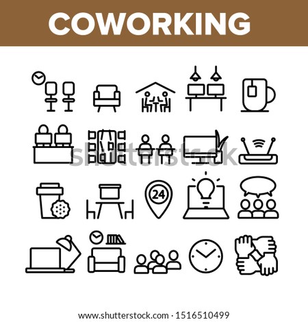 Coworking Collection Elements Icons Set Vector Thin Line. Working Table Place With Computer, Laptop And Lamp, Tea Cup And Clock Coworking Concept Linear Pictograms. Monochrome Contour Illustrations