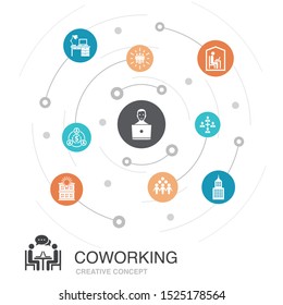 Coworking colored circle concept with simple icons. Contains such elements as creative office, collaboration, workplace, economy