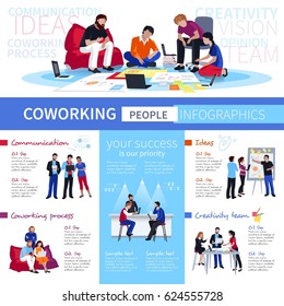 Coworking And Communication Creative Ideas For Shared Working Environment With Flexible Workspace Flat Infographic Poster Vector Illustration  