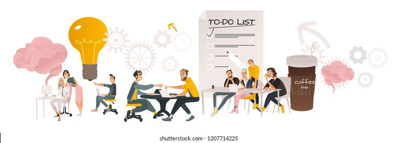 Coworking communication vector illustration horizontal banner in cartoon style isolated on white background - business people working together and discussing common projects.