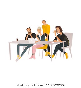 Coworking communication vector illustration with team of people working with laptop and discussing process in cartoon style isolated on white background - business meeting and brainstorming concept.
