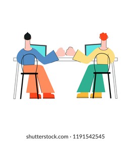 Coworking communication vector illustration with two men sitting with back working with laptops and bumping fists in flat style isolated on white background - male characters in convenient workplace.
