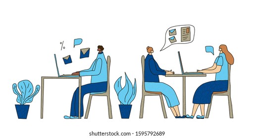 Coworking concept. Colleagues sitting at the desk and working. Young persons using computer at the table. Teamwork. People reading mail, discussing new project. Vector illustration.