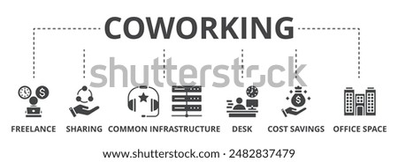 Coworking concept icon illustration contain freelance, sharing, common infrastructure, desk, cost savings and office space.