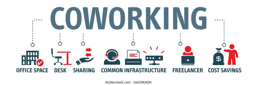 coworking concept with icons. Coworking is an arrangement in which several workers from different companies share an office space