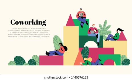 Coworking concept illustration. For use in web projects and applications; landing page. Flat minimalist vector illustration with diverse people working in shared space.