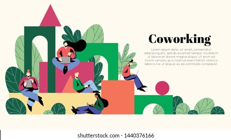 Coworking concept illustration. For use in web projects and applications; landing page. Flat minimalist vector illustration with diverse people working in shared space.