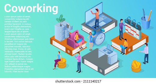 Coworking.The concept of office work.People in the office work and communicate with each other.A business-style poster.Flat vector illustration.