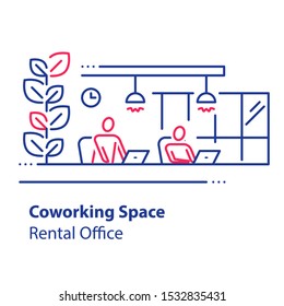 Coworking concept, open space office, people working on laptops, vector linear design