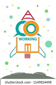 Coworking concept as a Rocketship flying in Space