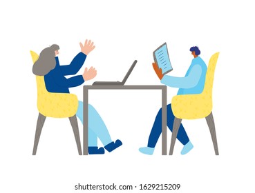 Coworking concept. Two persons sitting in the chair and talking about stratagy. Attractive collegues having a couch session. Mentor and student. Vector flat illustration.