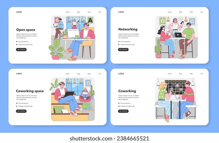 Coworking concepts set. Professionals in a shared workspace. Freelancers in open space, networking events, relaxed solo tasks. Modern work environment vibes. Flat vector illustration.