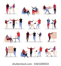 Coworking creative team characters collection with office space sharing project presentation coffee break discussions isolated vector illustration 