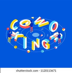 Coworking design concept. Coworking 3d word lettering typography with office workers and computers. Flat 3d isometric style. Isometric design for business banner. Vector illustration.