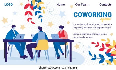 Coworking Design Team, Group of Creative Men and Women Sitting at Desk Working in Studio, Office Employees Business People Work in Company, Teamwork. Cartoon Flat Vector Illustration Horizontal Banner