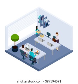 Coworking employees sharing working space sitting in modern business office together isometric banner design abstract vector illustration