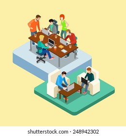 Coworking flat 3d web isometric infographic concept vector. Co-working groups of people on two locations. Office of advertising agency work process. Creative people collection.