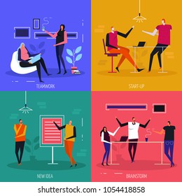 Coworking Flat Design Concept, Team Work, Start Up Projects, Creative Idea, Brain Storm, Isolated Vector Illustration