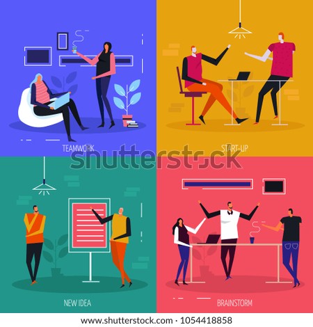 Coworking flat design concept, team work, start up projects, creative idea, brain storm, isolated vector illustration