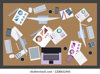 Coworking Flat Illustration. Top view of the workspace. Team work on the project.