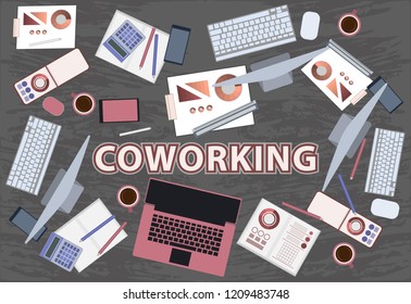 Coworking Flat Illustration. Workplace for a team on a cowarding. Top view of the workspace. Team work on the project.