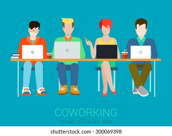 Coworking flat web infographic concept vector. Co-working quartet four people at the table with laptops. Office agency work process. Creative people collection.