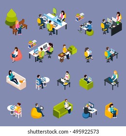 Coworking freelance people isometric icons set with work symbols isolated vector illustration 