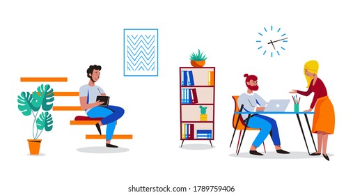 Coworking, freelance, teamwork, communication, interaction, idea, independent activity concept. Man and woman sit and working in friendly open space workplace on white background