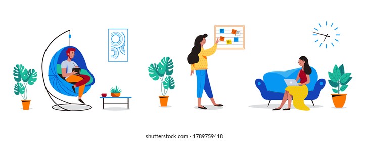 Coworking, freelance, teamwork, communication, interaction, idea, independent activity concept. People working in friendly open space workplace. Vector illustration on white background