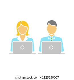 Coworking glyph color icon. Office work. Freelancing. Colleagues working with laptops. Silhouette symbol on white background with no outline. Negative space. Vector illustration