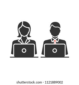 Coworking glyph icon. Office work. Freelancing. Colleagues working with laptops. Silhouette symbol. Negative space. Vector isolated illustration