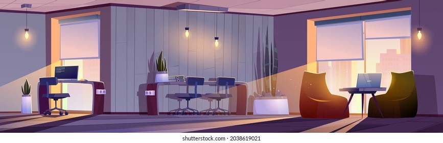 Coworking or home office interior evening view, working room with pc desk, beanbag chairs, files on table front of large window with dusk cityscape, freelance modern area cartoon vector illustration