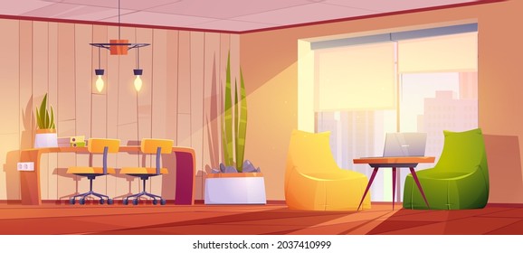 Coworking or home office interior, room for working with pc desk, beanbags, chairs, files on table front of large window with cityscape view. Area for freelance or business cartoon vector illustration
