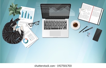 Coworking home-office interior with laptop and table with coffee cup, documents, smartphone, notebooks and  cat slipping on the table. Top view workspace vector illustration