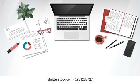 Coworking home-office interior with laptop and table and coffee cup, documents, smartphone and notebooks. Top view workspace vector illustration