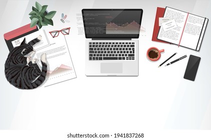 Coworking home-office interior with laptop and table with coffee cup, documents, smartphone, notebooks and  cat slipping on the table. Top view workspace vector illustration