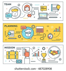Coworking horizontal linear banners set with professional team business planning and company mission isolated vector illustration 