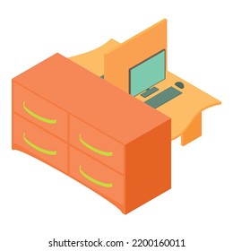 Icono de coworking vector isométrico. Escritorio con ordenador y armario con estante. Mobiliario moderno, lugar de trabajo, interior