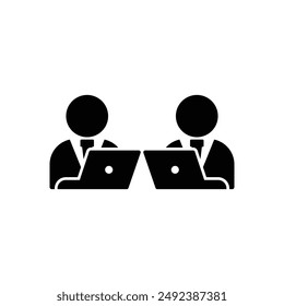 Coworking icon. Office work. Freelancing. Colleagues working with laptops. Silhouette symbol on white background