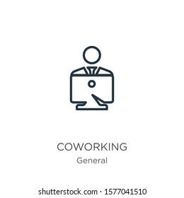 Coworking icon. Thin linear coworking outline icon isolated on white background from general collection. Line vector sign, symbol for web and mobile