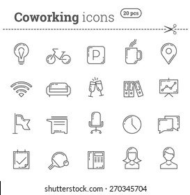 Coworking icons set. Pack of icons for creative team. Coworkers. Icons for freelancing. Coworking space icons. Stock vector.