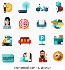 Coworking icons set with time and idea symbols flat isolated vector illustration 