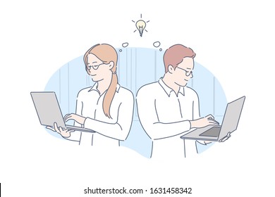 Coworking, idea, brainstorm, teamwork concept. Young man and woman do teamwork in business project in office. Boy and girl got similar idea with help of coworking and brainstorm. Simple flat vector