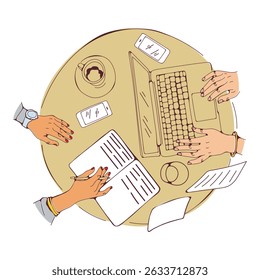 Coworking illustration featuring peoples hands working on laptop and note book