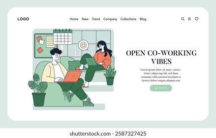 Co-working illustration. A relaxed and creative work environment promoting collaboration. Featuring individuals engaged with laptops, plants, and a calendar, symbolizing productivity and comfort