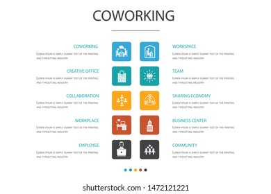 Coworking Infographic 10 option concept.creative office, collaboration, workplace, sharing economy simple icons