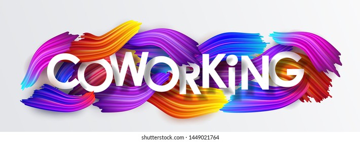 Coworking, inscription on the background of colorful brushstrokes of oil or acrylic paint. Text with a gradient brush isolated on white background, creative design element, vector illustration