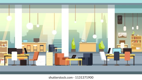 Coworking interior. Empty open space office, workspace vector background. Workspace and workplace center, business space coworking illustration